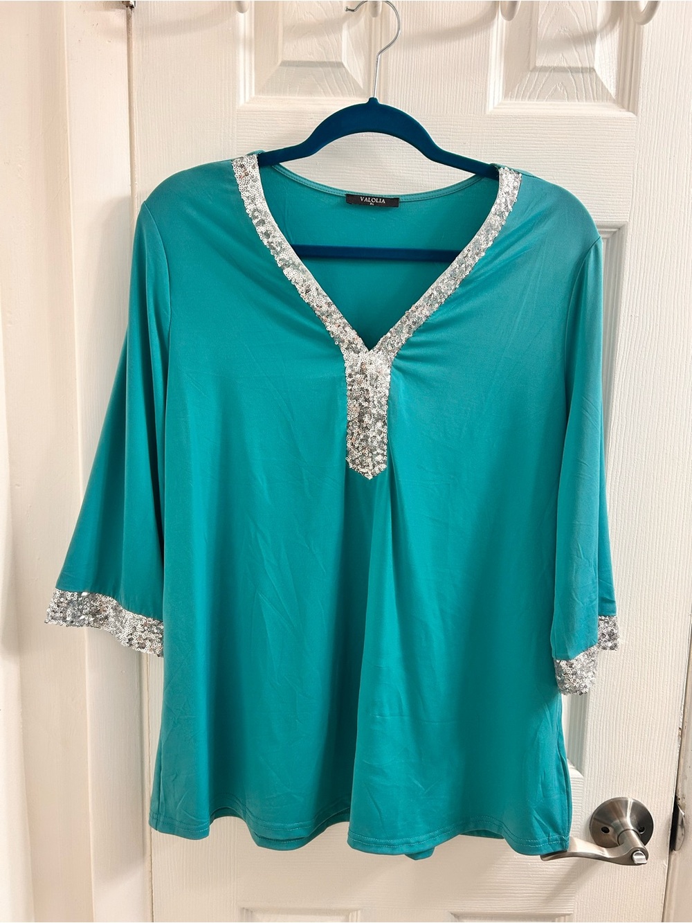 Women's Teal V-Neck Tunic with Silver Sequin Trim